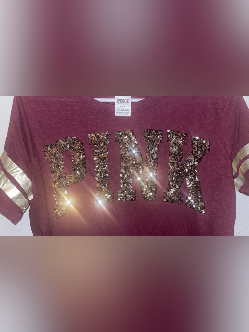 PINK Victoria's Secret Womens Maroon Sequin Logo Tee with Gold Sleeve Stripes - Picture 3 of 4